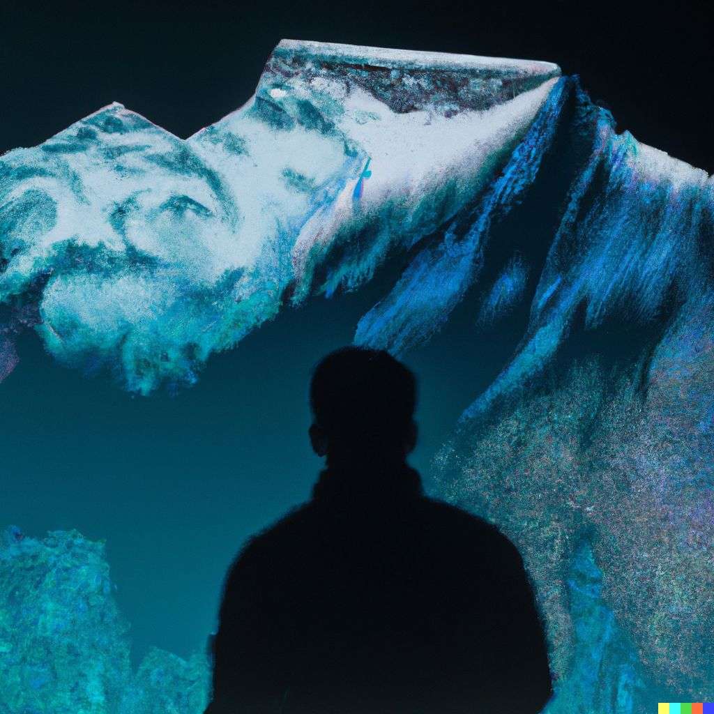 someone gazing at Mount Everest, a hologram projection